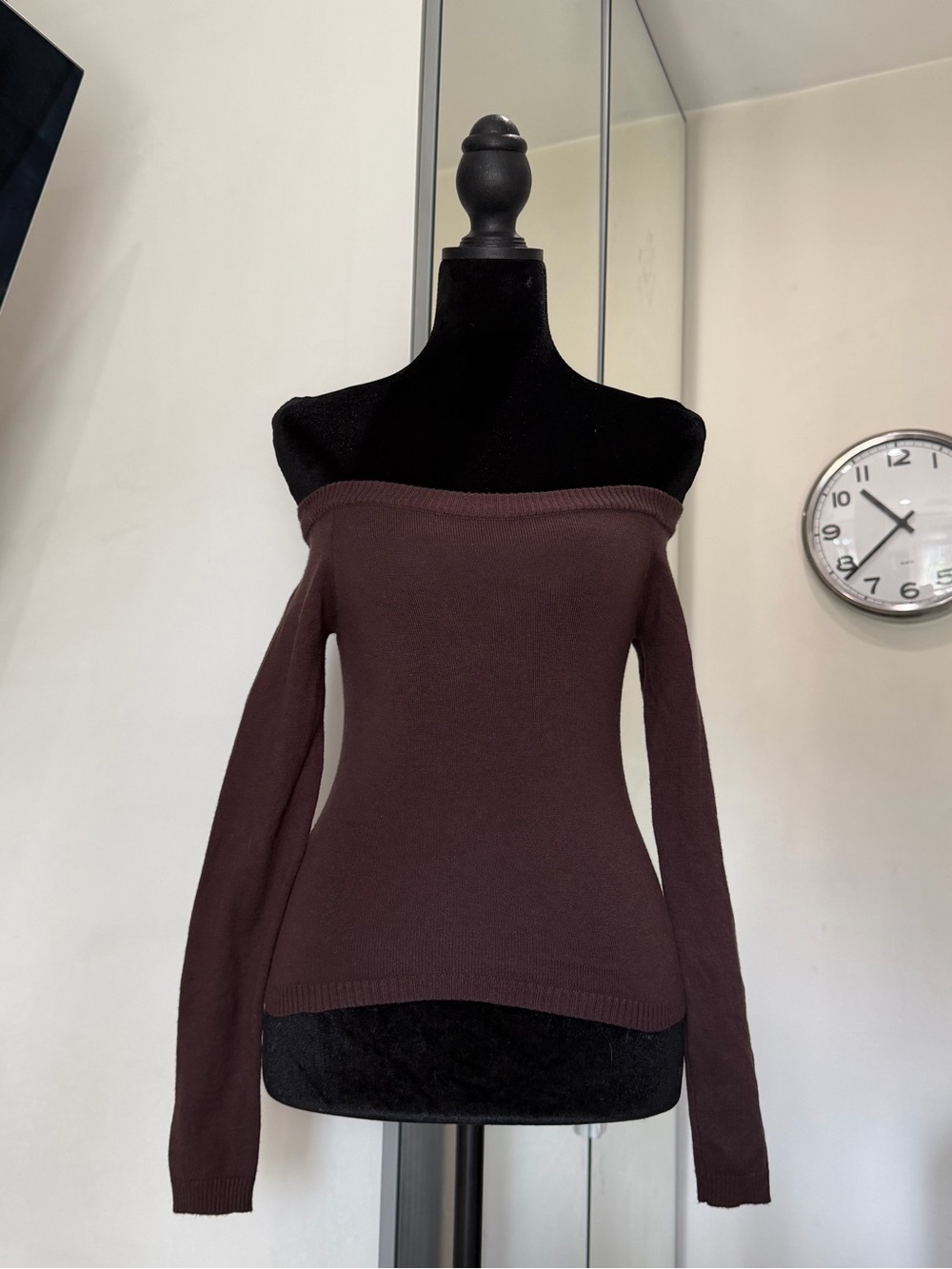 Motel Renie Bardot Top Dark Brown Knit Off Shoulder Long Sleeve